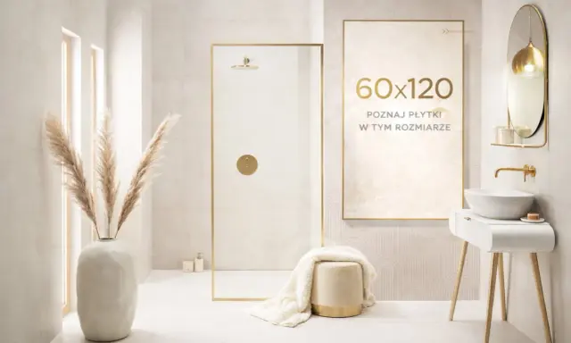 Elegancka łazienka z prysznicem i umywalką. Na ścianie plakat "60x120 poznaj płytki w tym rozmiarze".