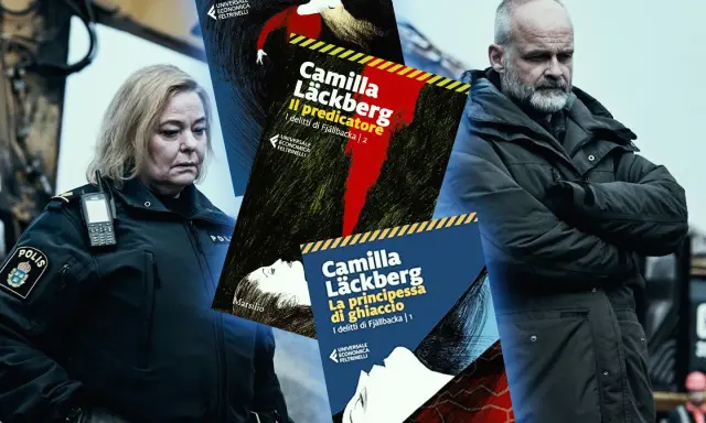 I libri di Camilla Läckberg in ordine: "La principessa di ghiaccio", "Il predicatore" e "Lo scalpellino", con i volti dei protagonisti sullo sfondo.