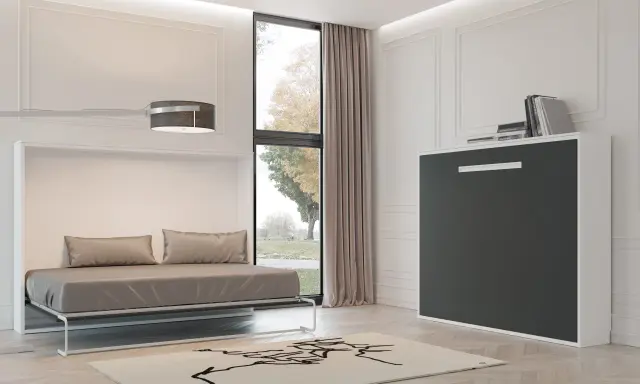 Cama abatible vertical 90x190 con sofá integrado, ideal para optimizar espacios.