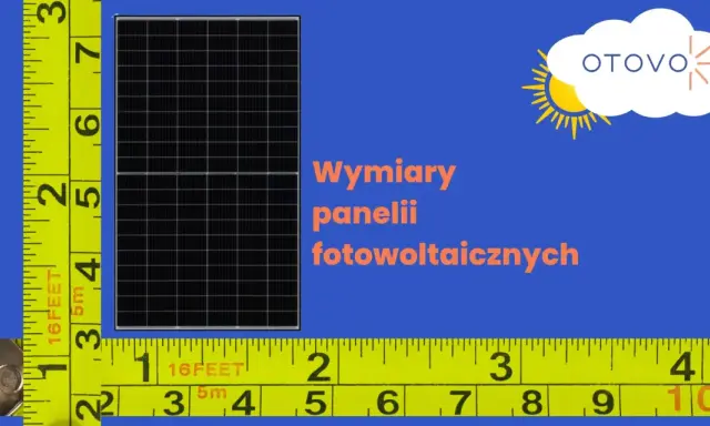 Miarka pokazuje wymiary paneli fotowoltaicznych. Logo OTOVO z chmurką i słońcem.