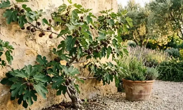 Un figuier chargé de fruits mûrs, adossé à un mur de pierre. Le moment idéal pour savoir quand transplanter un figuier est souvent après la récolte.