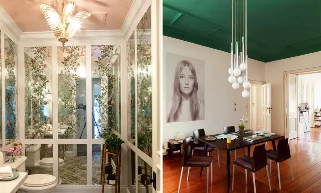 Bagno con soffitto rosa e sala da pranzo con soffitto verde smeraldo: idee pittura soffitto audaci per trasformare gli spazi.