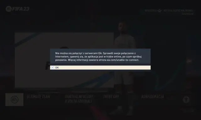 Komunikat o błędzie połączenia z serwerami FIFA 23. Nie można grać online.