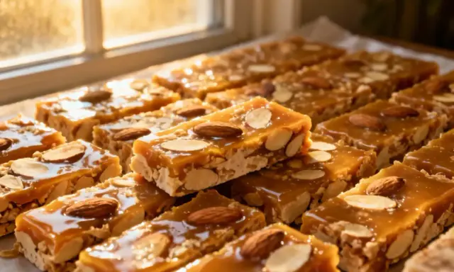 Délicieuses barres de nougatine recette, garnies d'amandes entières et effilées, sous une lumière douce.