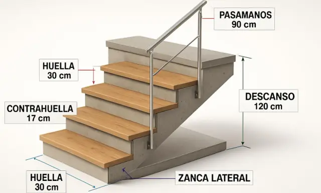 Detalle de medidas huella y contrahuella escalera: huella 30 cm, contrahuella 17 cm, pasamanos 90 cm, descanso 120 cm.