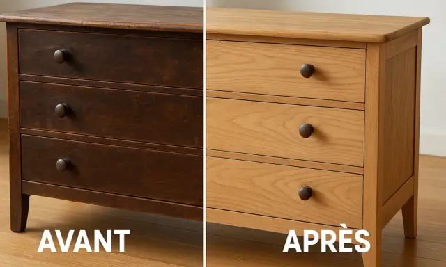 Avant/Après : un meuble ciré sombre transformé en bois clair. Découvrez comment décaper un meuble ciré pour lui redonner sa beauté naturelle.