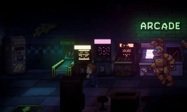 Chłopiec ucieka przed Springtrapem w mrocznym salonie gier, jak w **FNAF Into the Pit**.