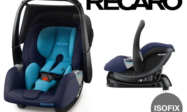 Dwa foteliki samochodowe Recaro w kolorze granatowym i niebieskim, jeden z bazą Isofix.