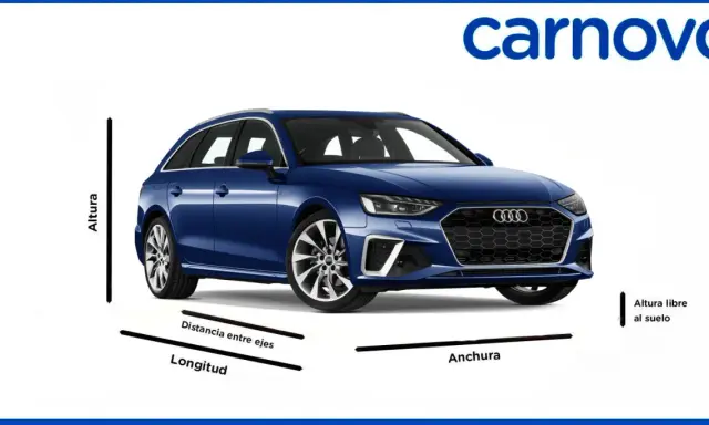 Audi A4 Avant azul con indicaciones de sus audi a4 avant medidas: longitud, distancia entre ejes, altura y altura libre al suelo.