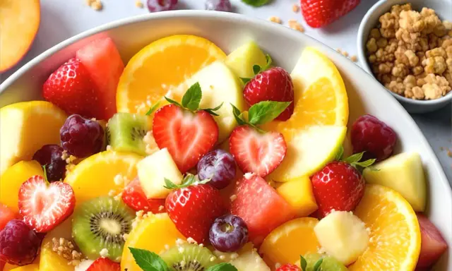 Una colorata macedonia di frutta con fragole, arance, kiwi, uva e melone, guarnita con menta fresca e una spolverata di granola croccante.