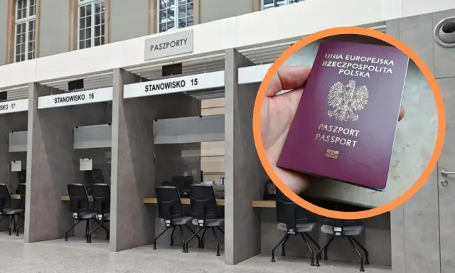 Dłoń trzyma polski paszport na tle stanowisk obsługi paszportowej.