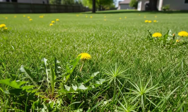 A lush green lawn in Iowa dotted with bright yellow dandelions, a common sight among iowa lawn weeds.