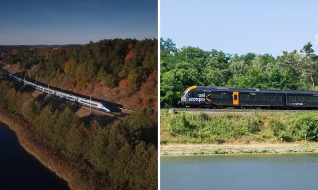 Pociąg Pendolino na linii kolejowej Kraków Zakopane wśród jesiennych drzew. Po prawej czarny pociąg Leo Express.