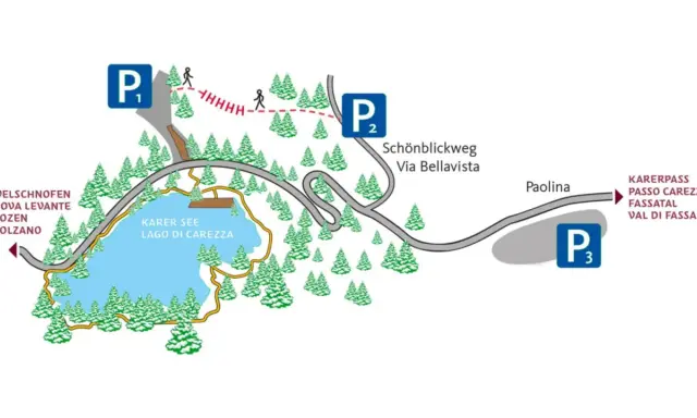 Mappa del Lago di Carezza con parcheggio gratis P1, P2, P3. Sentieri per Schönblickweg e percorsi per Welschnofen.