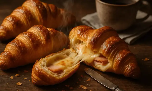 Un croissant au jambon fondant, avec du fromage dégoulinant, prêt à être dégusté avec un café chaud.