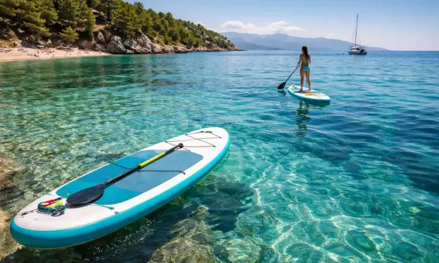 Sup chorwacja! Dwie deski SUP unoszą się na krystalicznie czystej wodzie. Jedna z nich, bliżej, ma wiosło. Na drugiej, dalej, stoi kobieta. W tle widać plażę i góry.