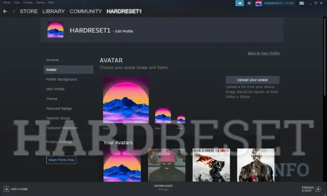 Profilowe na Steam. Wybór awatara z górzystym krajobrazem i neonowym zachodem słońca.