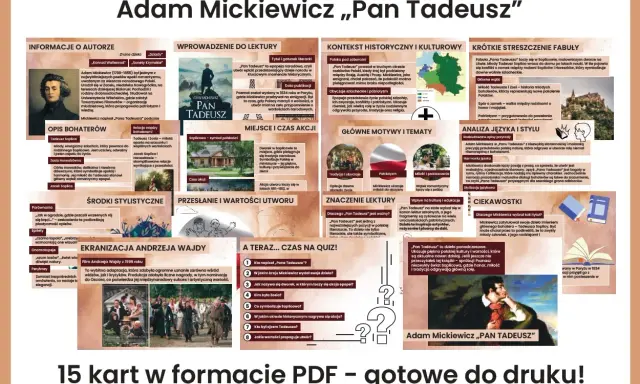 Ilustracja przedstawia kolaż grafik i zdjęć związanych z "Panem Tadeuszem" Adama Mickiewicza.