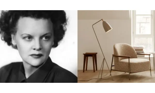 Porträtt av Greta Magnusson Grossman bredvid en av hennes ikoniska golvlampor och en fåtölj i en modern inredning.