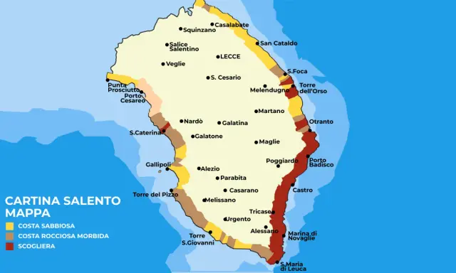Mappa del Salento, una terra puglia da scoprire, con coste sabbiose, rocciose e scogliere. Indica città come Lecce, Otranto e Gallipoli.