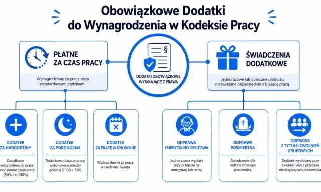 Schemat obowiązkowych dodatków do wynagrodzenia w Kodeksie Pracy: dodatki za nadgodziny, porę nocną, dni wolne, a także świadczenia jak odprawy.