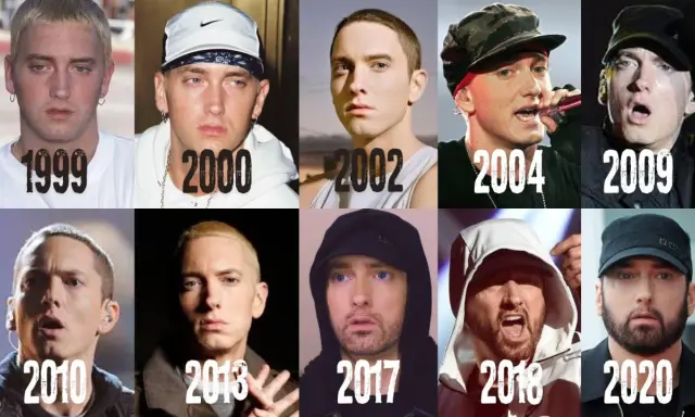 Eminem na przestrzeni lat: od młodego rapera w 1999 do dojrzałego artysty w 2020. Zmieniał fryzury i styl, ale zawsze rozpoznawalny.