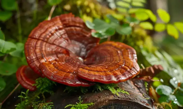 Lśniące grzyby reishi na pniu, otoczone mchem i zielenią. Reishi na co? Na zdrowie i odporność, symbol długowieczności.