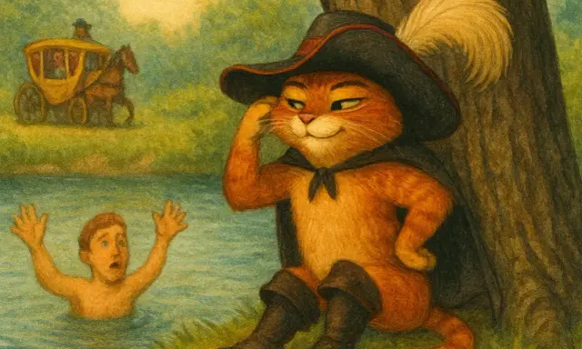 El Gato con Botas, protagonista de un cuento divertido para niños, observa a un niño en apuros en el río, mientras un carruaje avanza al fondo.
