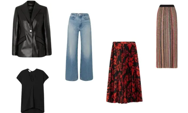 Outfit giacca di pelle donna con jeans a zampa, t-shirt nera, gonna a fantasia rossa e nera, e gonna a righe colorate.