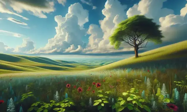 Un paesaggio collinare verdeggiante, fiorito, con un albero solitario e nuvole maestose, evoca un senso di enjambement infinito leopardiano.