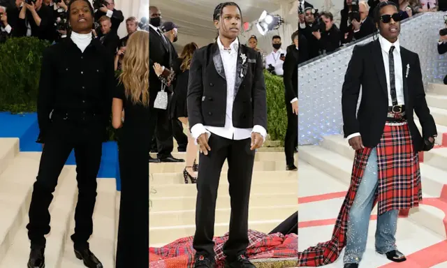 ASAP Rocky Met Gala looks showcase bold fashion choices, from all-black ensembles to a striking kilt over embellished jeans.