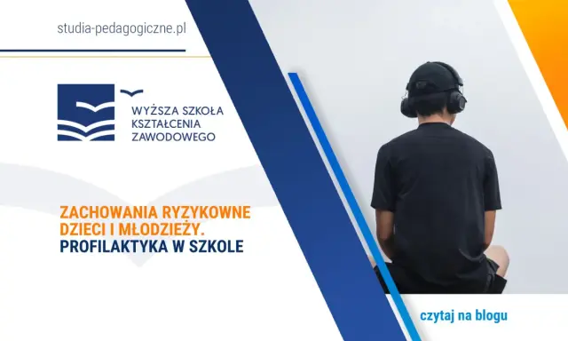 Młody człowiek w słuchawkach, symbolizujący **zachowania ryzykowne dzieci i młodzieży**. Temat profilaktyki w szkole.