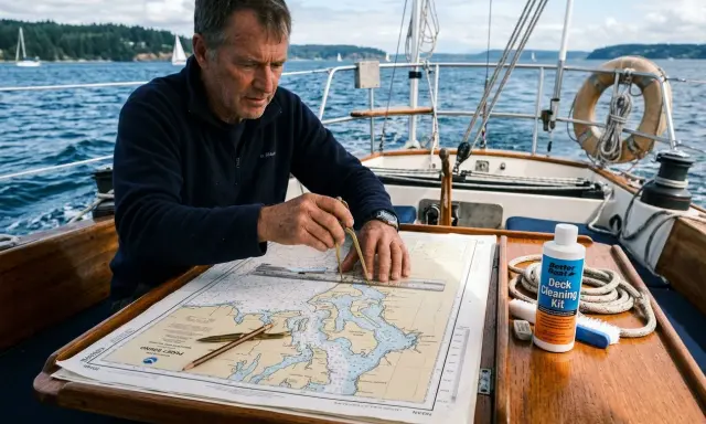 Un homme utilise un compas de marine pour lire une carte nautique sur un voilier.