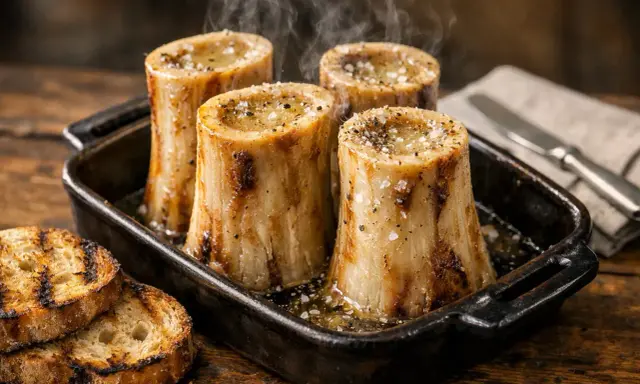 Os à moelle fumants dans un plat, accompagnés de toasts grillés. Un délice de restaurant.