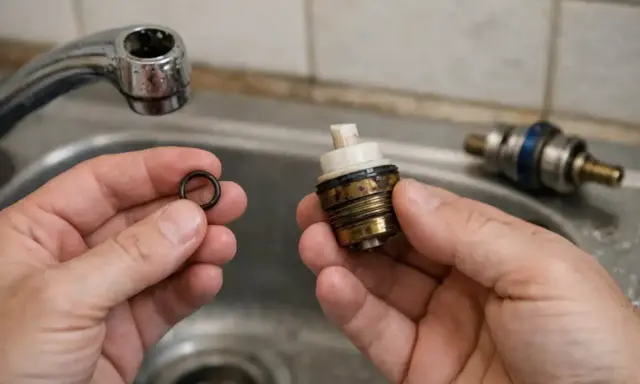 Mains d'un plombier tenant un joint torique et une cartouche de robinet, prêt à réparer un robinet qui goutte.