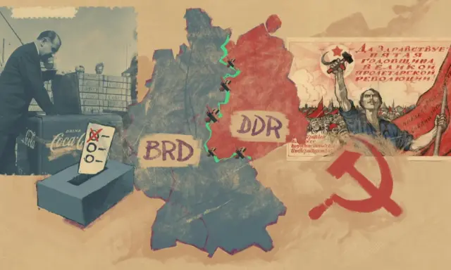 Die Teilung Deutschlands und Symbole des Kalten Krieges: BRD und DDR, sowjetische Propaganda und Coca-Cola-Lieferungen.