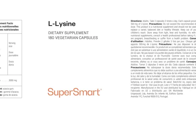 Complément alimentaire L-Lysine, 180 gélules végétariennes. Chaque gélule apporte 500 mg de L-lysine.