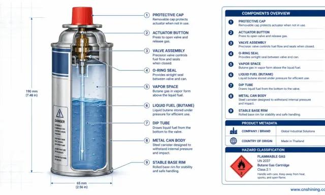 Diagrama de un cartucho de gas butano, mostrando sus componentes internos y externos. Explica los tipos de reguladores y su funcionamiento.