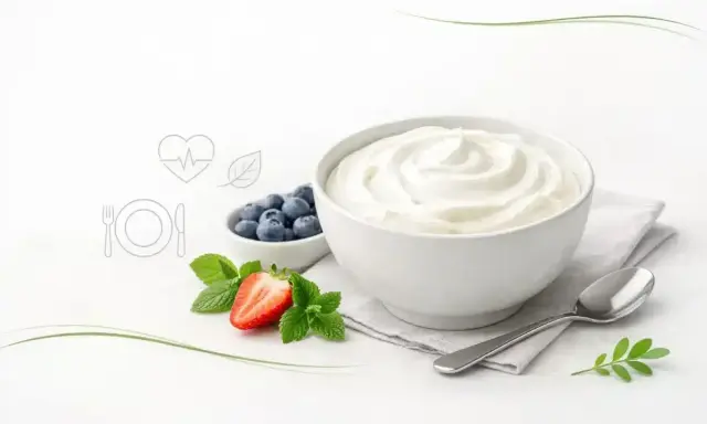 Czy skyr jest zdrowy? Kremowy jogurt, jagody, truskawka i mięta na białym tle. Obok ikony serca i talerza.