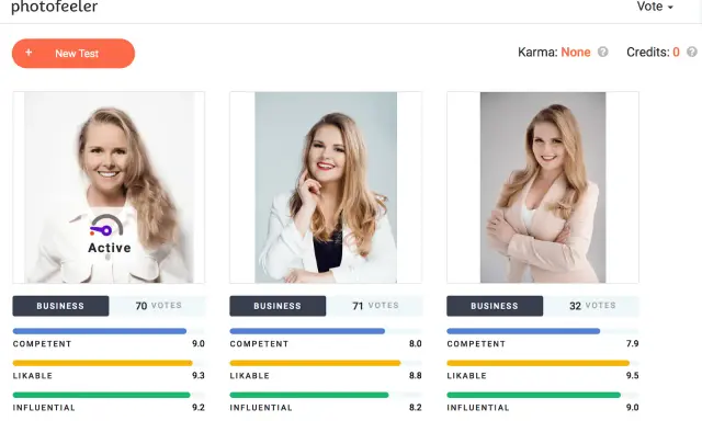 Trzy kobiety w biznesowych stylizacjach, oceniane na Photofeeler. Pierwsza z nich ma "zajebiste profilowe" i wynik 9.3 w kategorii "Likable".