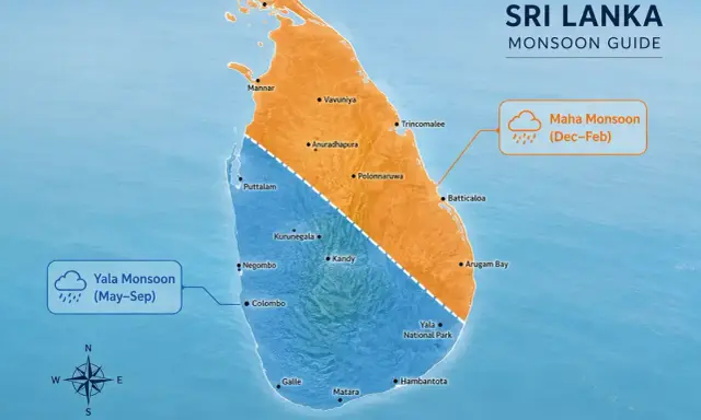 Mapa Sri Lanki z podziałem na Yala Monsoon (maj-wrzesień) i Maha Monsoon (grudzień-luty). Pogoda we wrześniu na Sri Lance jest deszczowa na południu i zachodzie.