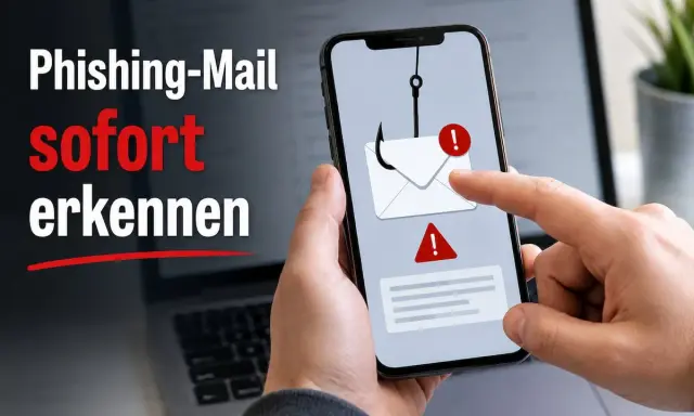 Smartphone zeigt eine Phishing-Mail mit Haken und Warnsymbolen. So erkennst du den Unterschied zwischen Spam und Phishing.
