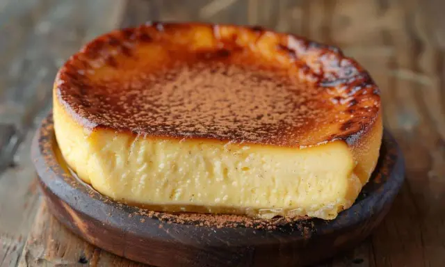 Un délicieux flan sans pâte, saupoudré de cacao, sur un plat en bois. Parfait pour une recette facile et gourmande.