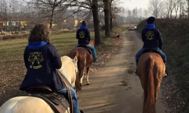 Cavalcata autunnale nei maneggi Piemonte, tre persone a cavallo su un sentiero sterrato tra alberi spogli e campi.