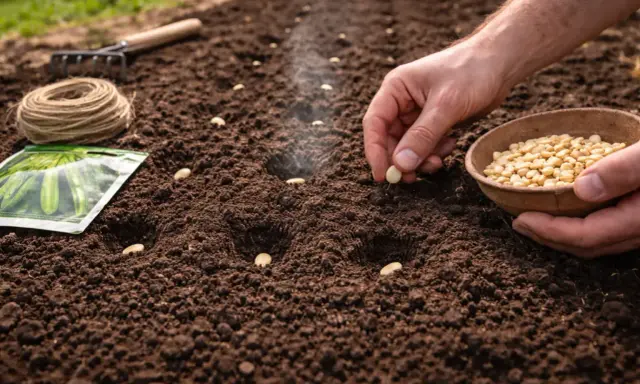 Ręka wysiewa nasiona ogórków do ziemi. To idealny moment, kiedy siać ogórki, by cieszyć się plonami.