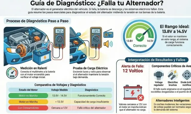 Guía para diagnosticar por qué se daña el alternador: mide el voltaje del coche en ralentí y bajo carga para detectar fallos.