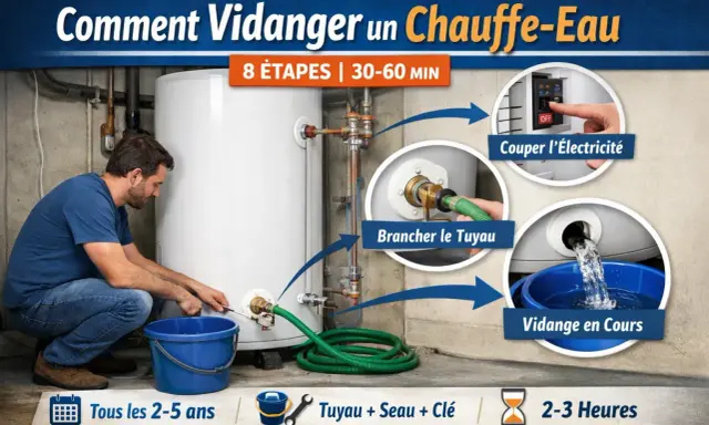 Un homme raccorde un tuyau à un chauffe-eau pour le vider. Les étapes incluent couper l'électricité, brancher le tuyau et la vidange en cours.
