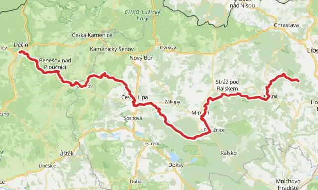Mapa z trasami rowerowymi w Czechach, od Děčína przez Czeską Szwajcarię i Kokořínsko.