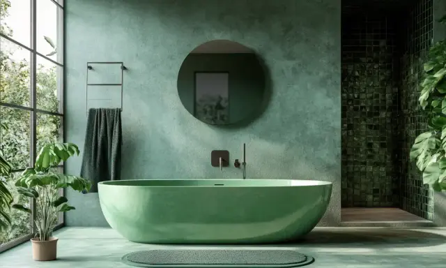 Un rilassante bagno verde con vasca ovale, piante rigogliose e una grande finestra che si affaccia sul verde.