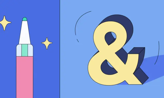 Różowy pisak i żółty znak ampersand (&) na niebieskim tle.